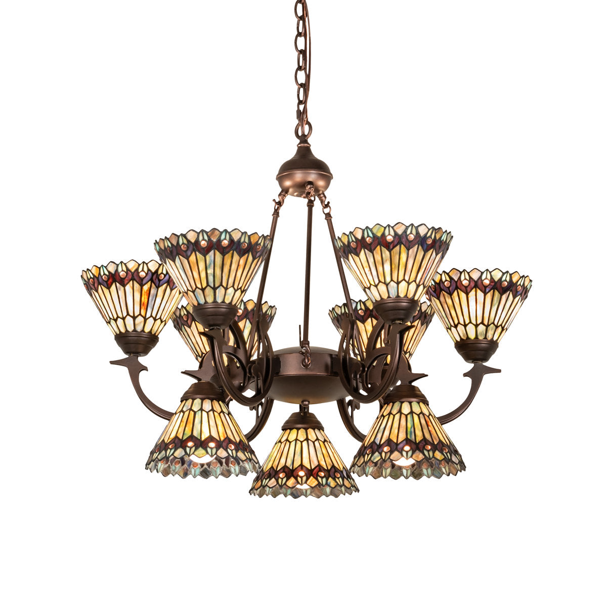 33" Wide Tiffany Jeweled Peacock 9 Light Chandelier