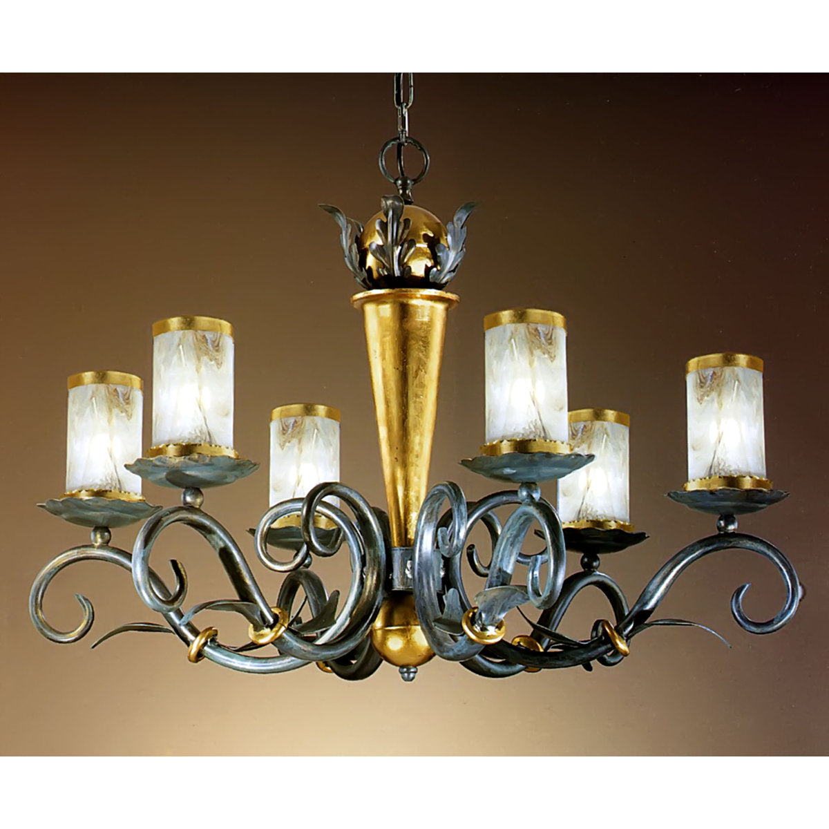 6-Light Shaded Chandelier Wrought Iron Accents