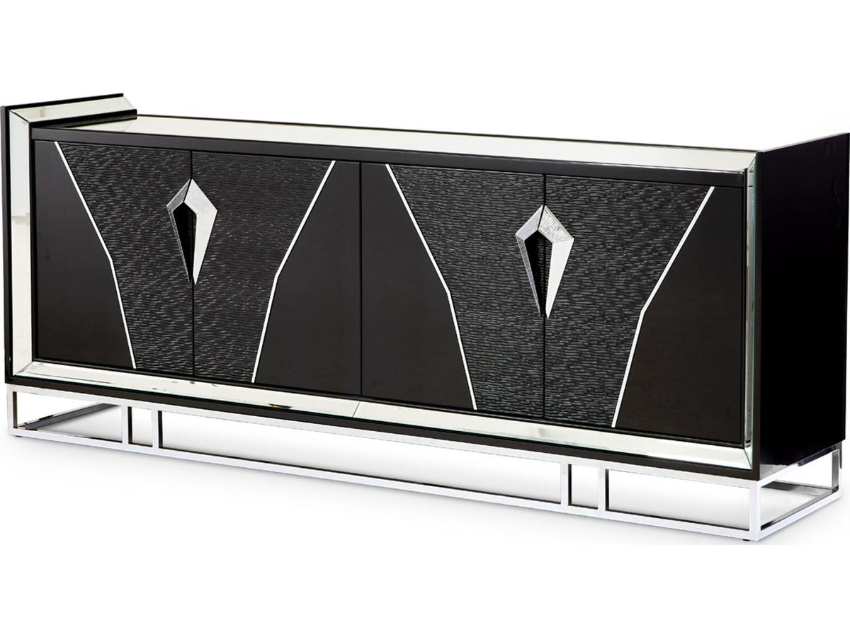 Carmela Mirrored Console Table Glossy Charcoal Sand Modern Glam