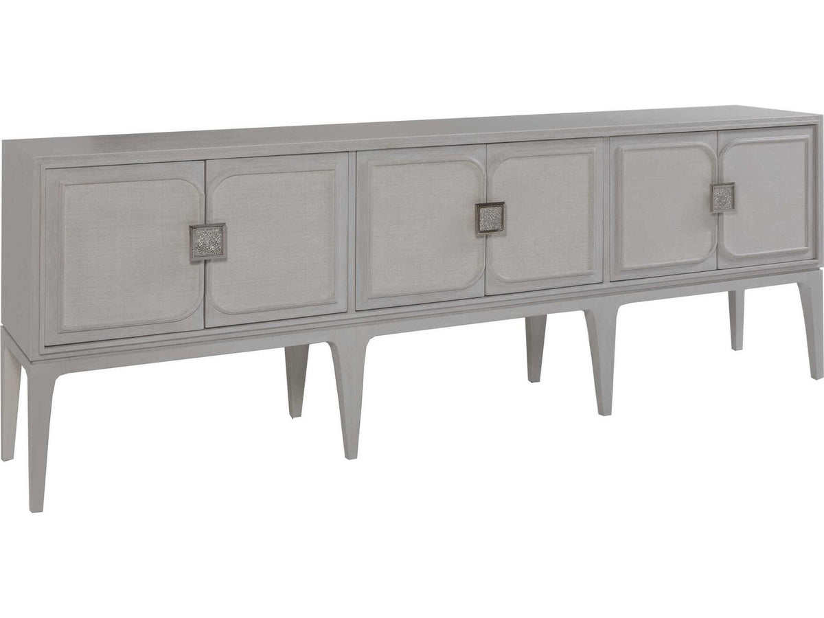 Home Elixer 6-Door Media Console in Quartered Oak and Raffia with Misty White Gray Finish