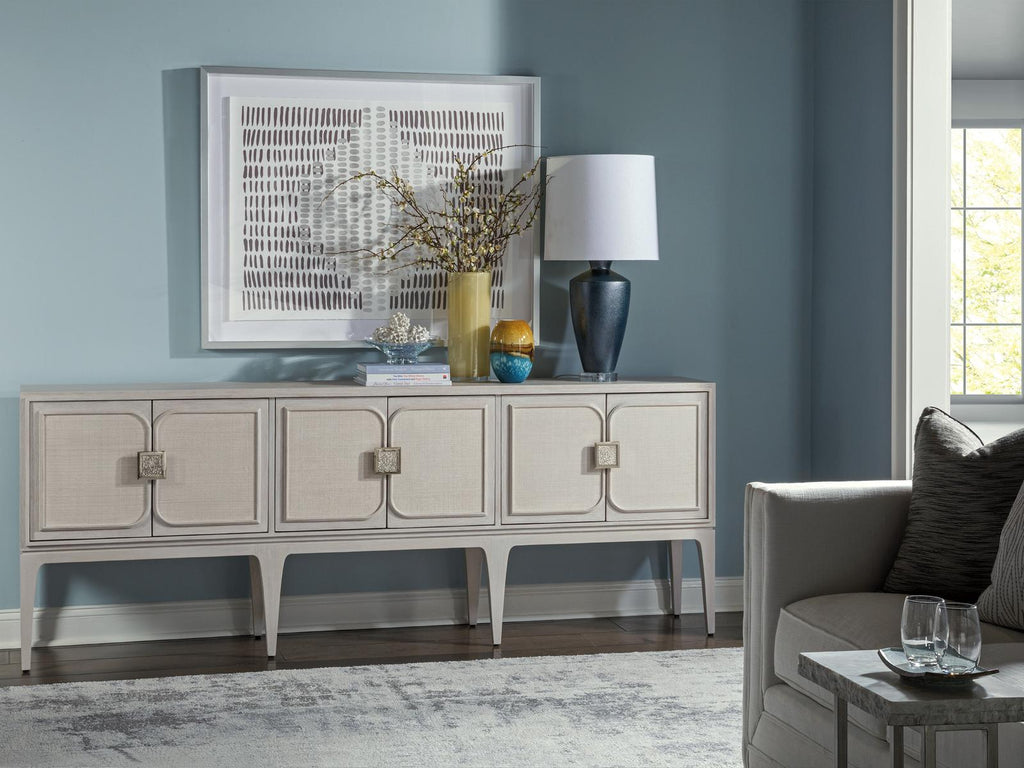Home Elixer 6-Door Media Console in Quartered Oak and Raffia with Misty White Gray Finish