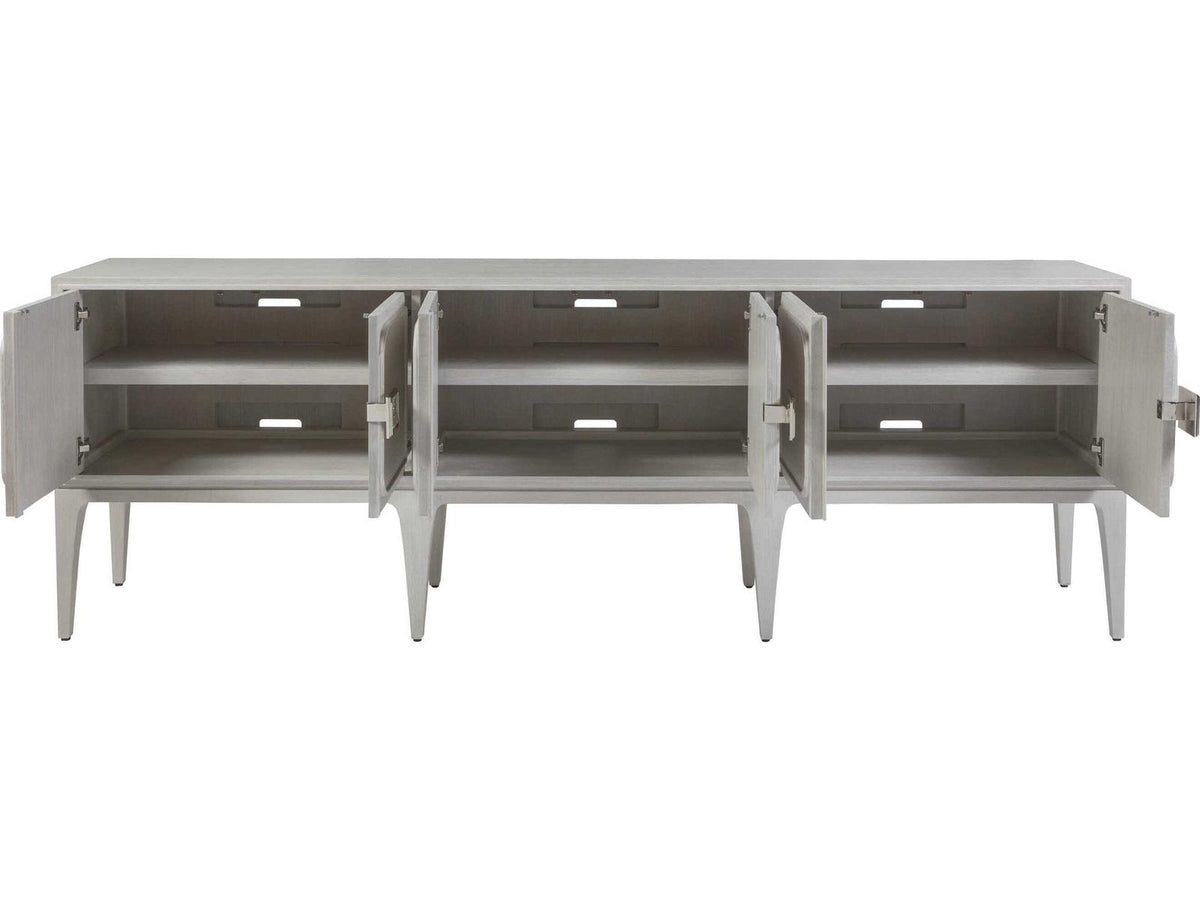 Home Elixer 6-Door Media Console in Quartered Oak and Raffia with Misty White Gray Finish