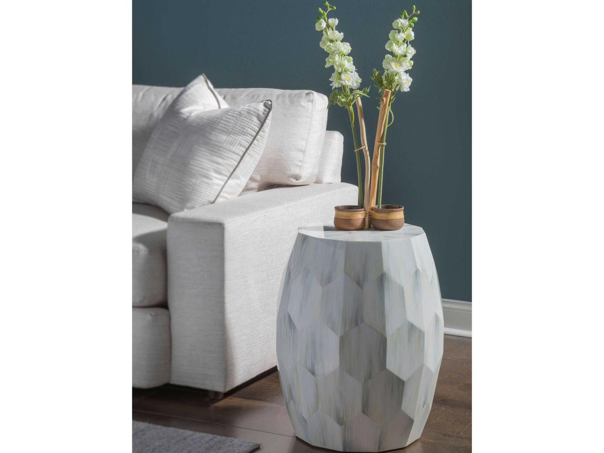Home Signature Designs Bello Faceted Drum End Table in White Gray Faux Horn