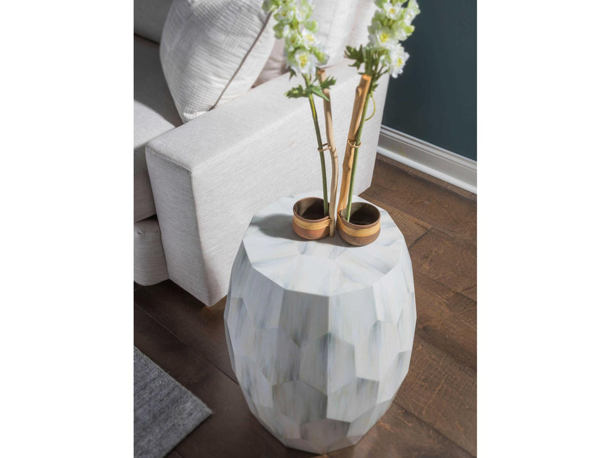 Home Signature Designs Bello Faceted Drum End Table in White Gray Faux Horn