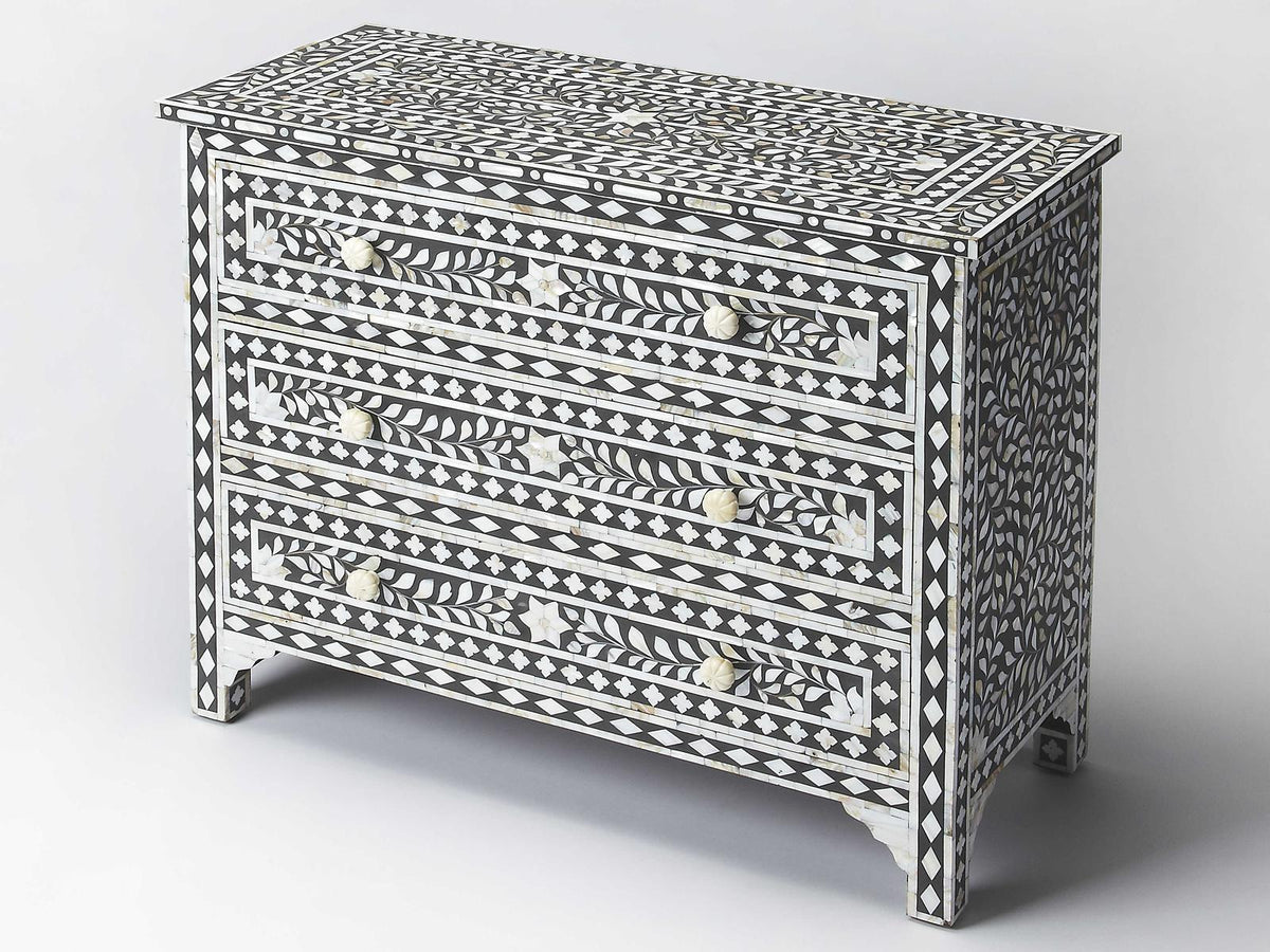 Vivienne 3-Drawer Chest in Black with Mother of Pearl Inlay