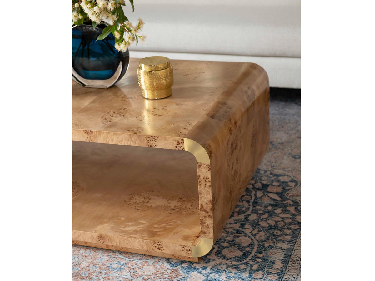 Emil Rectangle Coffee Table in Burl Wood and Brushed Brass