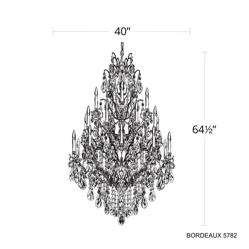 Bordeaux 25 Light 40in x 64.5in Four-Tier Chandelier in Etruscan Gold with Clear Heritage Handcut Crystals