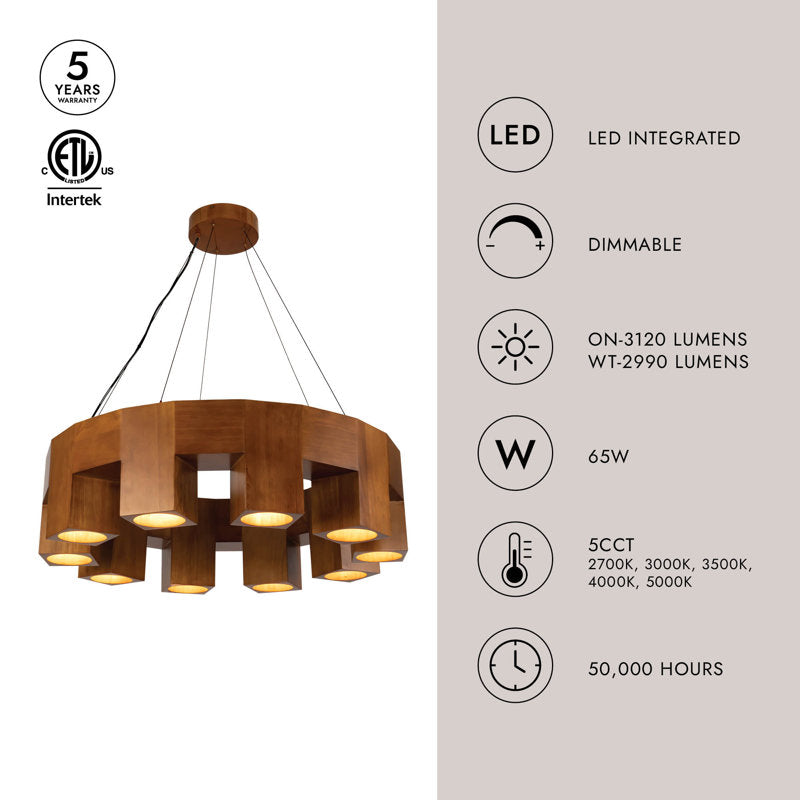 Bosco 35-in Solid Wood Dimmable LED Chandelier with Natural Oak Finish