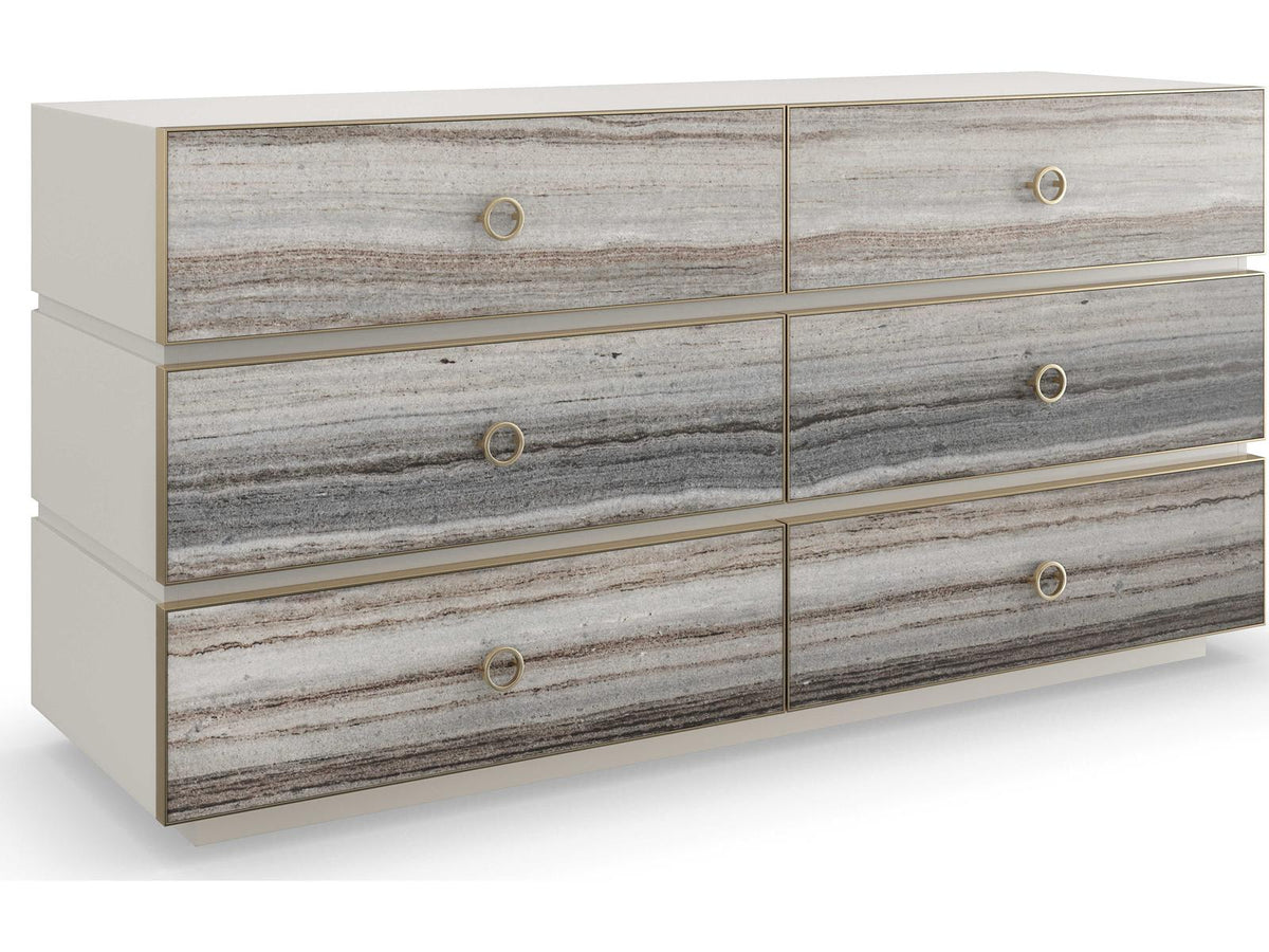 Bedrock Six-Drawer Dresser in Almond Milk and Champagne Gold