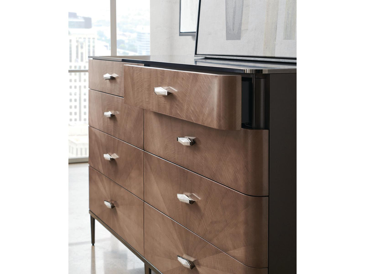 Prism 8-Drawer Double Dresser in Chocolate Tiger Maple and Bronze