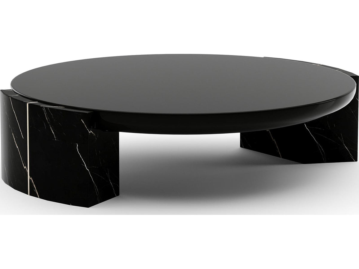 Overlap Round Cocktail Table Dark with Piano Black Top and Nero Marquina Stone