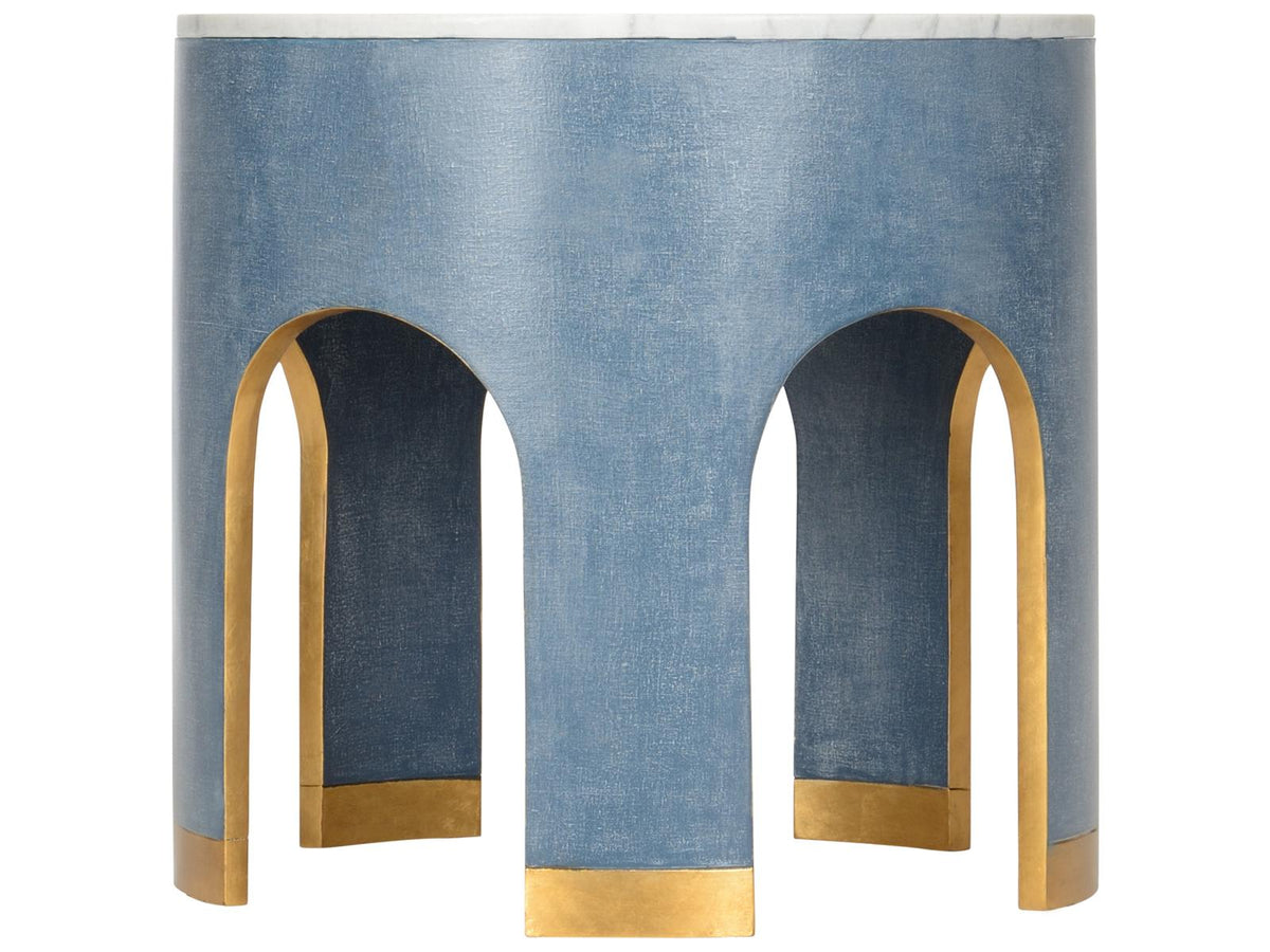 Elizabeth Wicker Aqueduct Round Marble Blue White End Table -