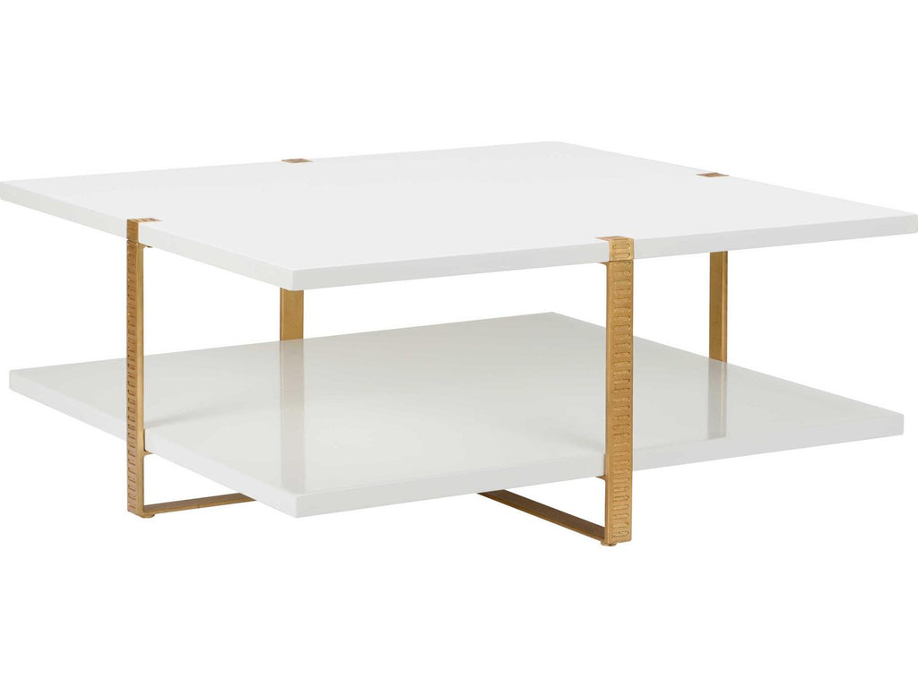 Elizabeth Wicker Ribbed Square Wood White antique Gold Leaf Cocktail Table