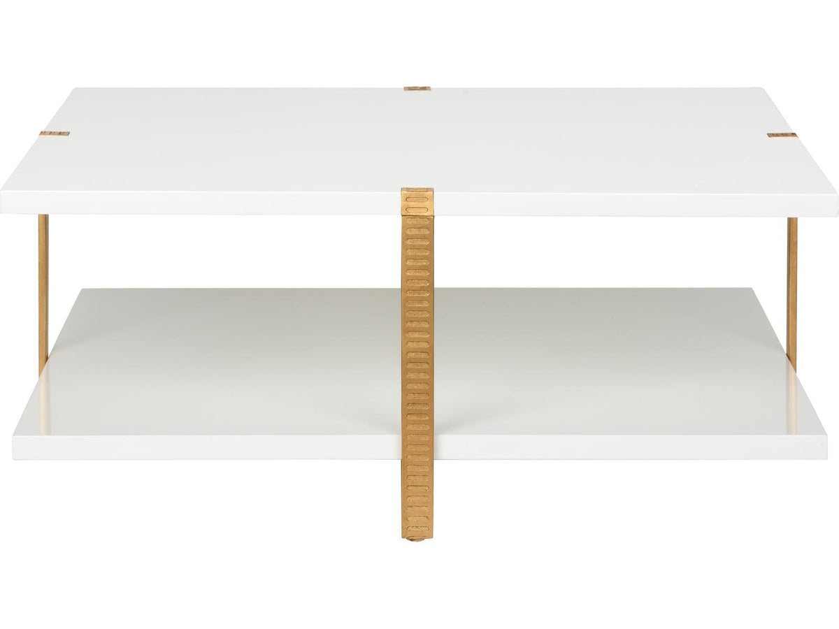 Elizabeth Wicker Ribbed Square Wood White antique Gold Leaf Cocktail Table