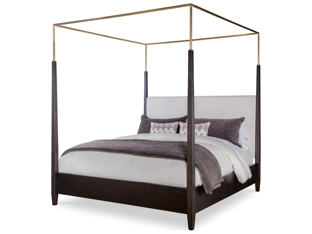 Cadence Mocha Antique Brass Brown Oak Wood King Canopy Bed