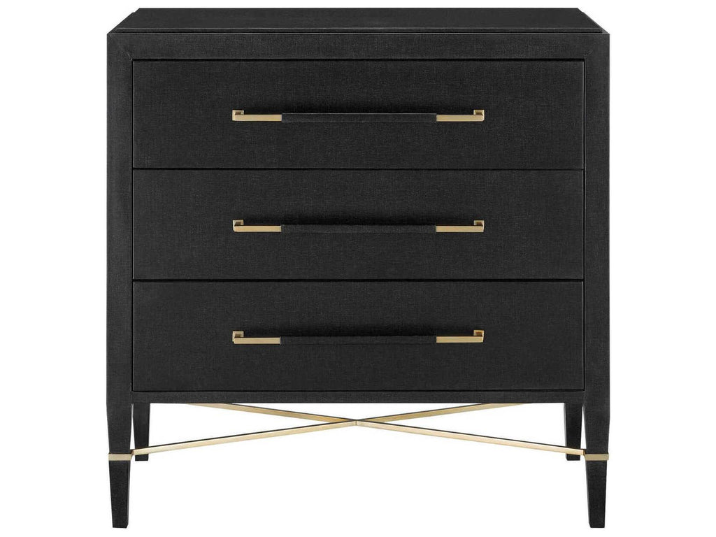 Currey and Company Verona Black Lacquered Linen Chest with Champagne Details