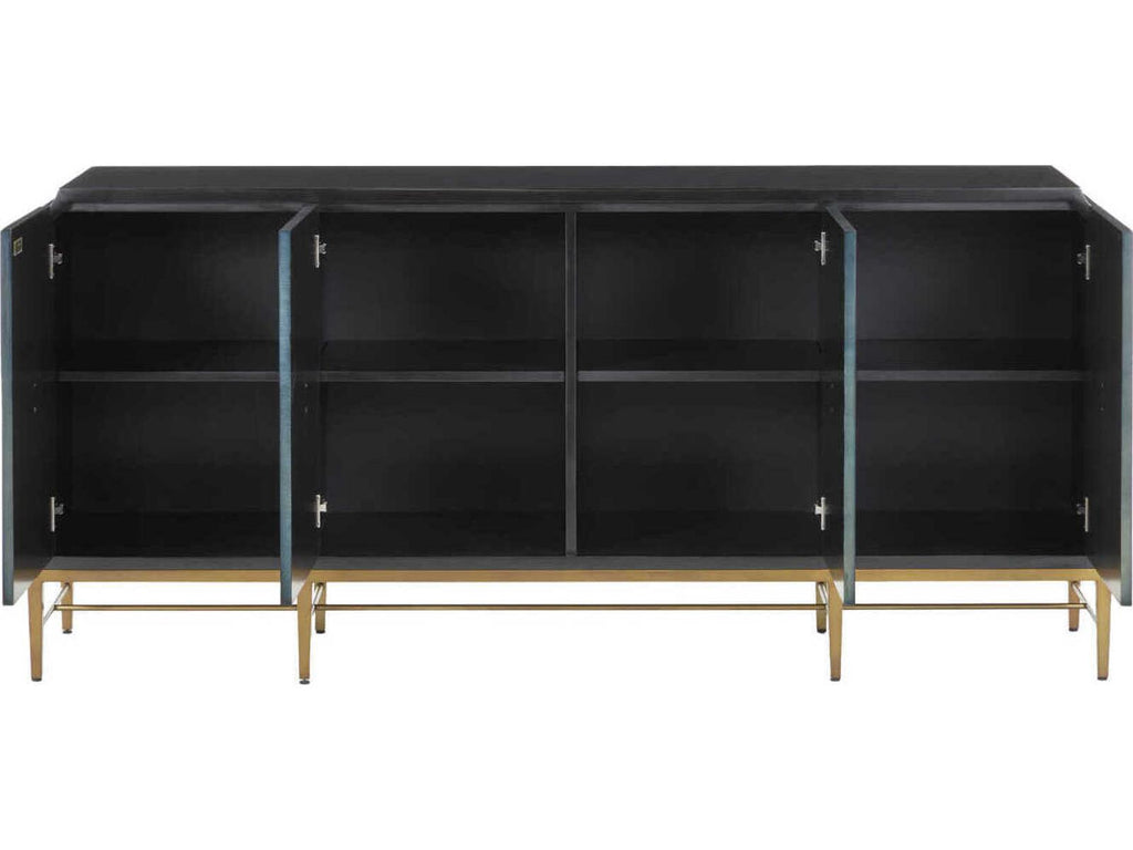 Currey and Company Kallista 4-Door Sycamore Veneer Credenza in Dark Sapphire Blue and Caviar Black