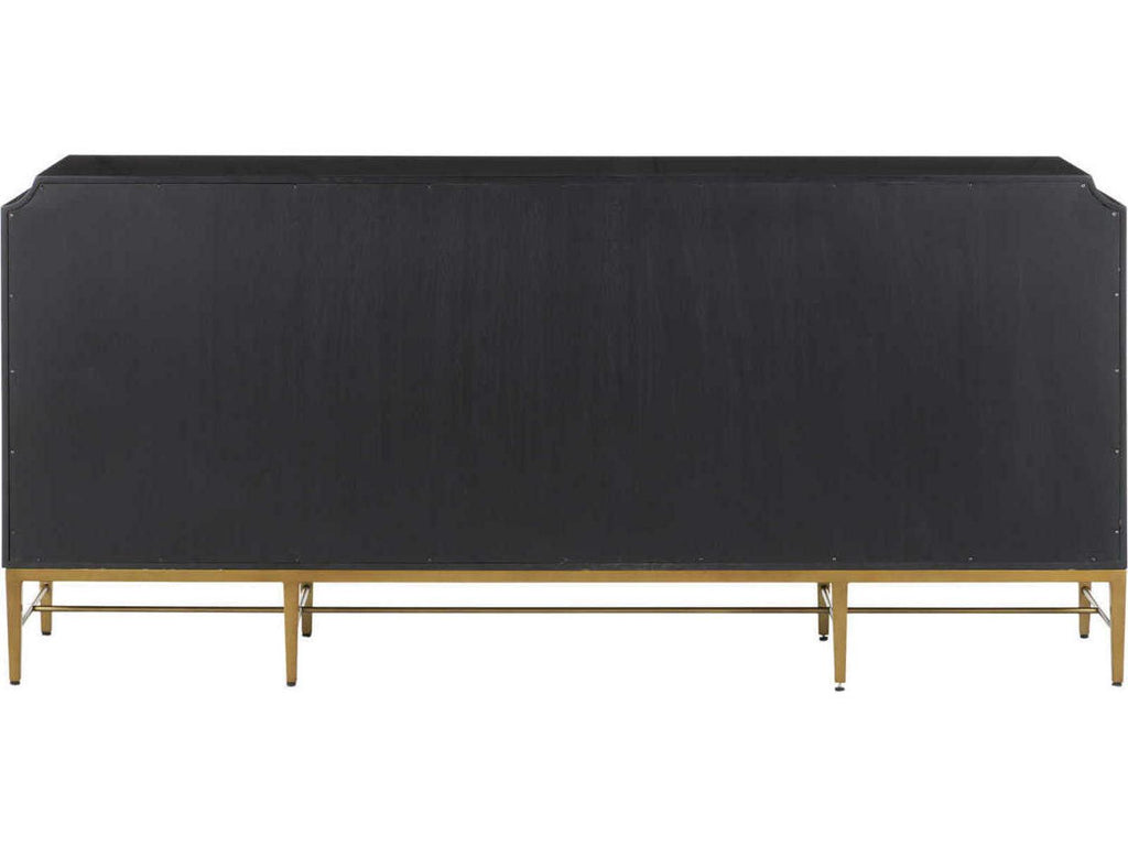 Currey and Company Kallista 4-Door Sycamore Veneer Credenza in Dark Sapphire Blue and Caviar Black
