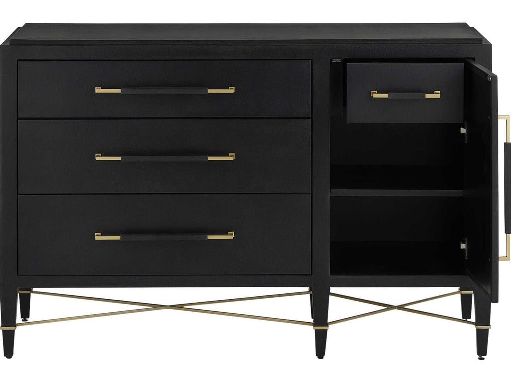 Currey and Company Verona Three-Drawer Chest in Black Lacquered Linen and Champagne