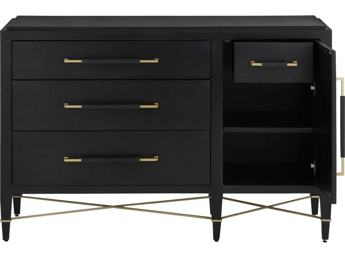 Currey and Company Verona Three-Drawer Chest in Black Lacquered Linen and Champagne
