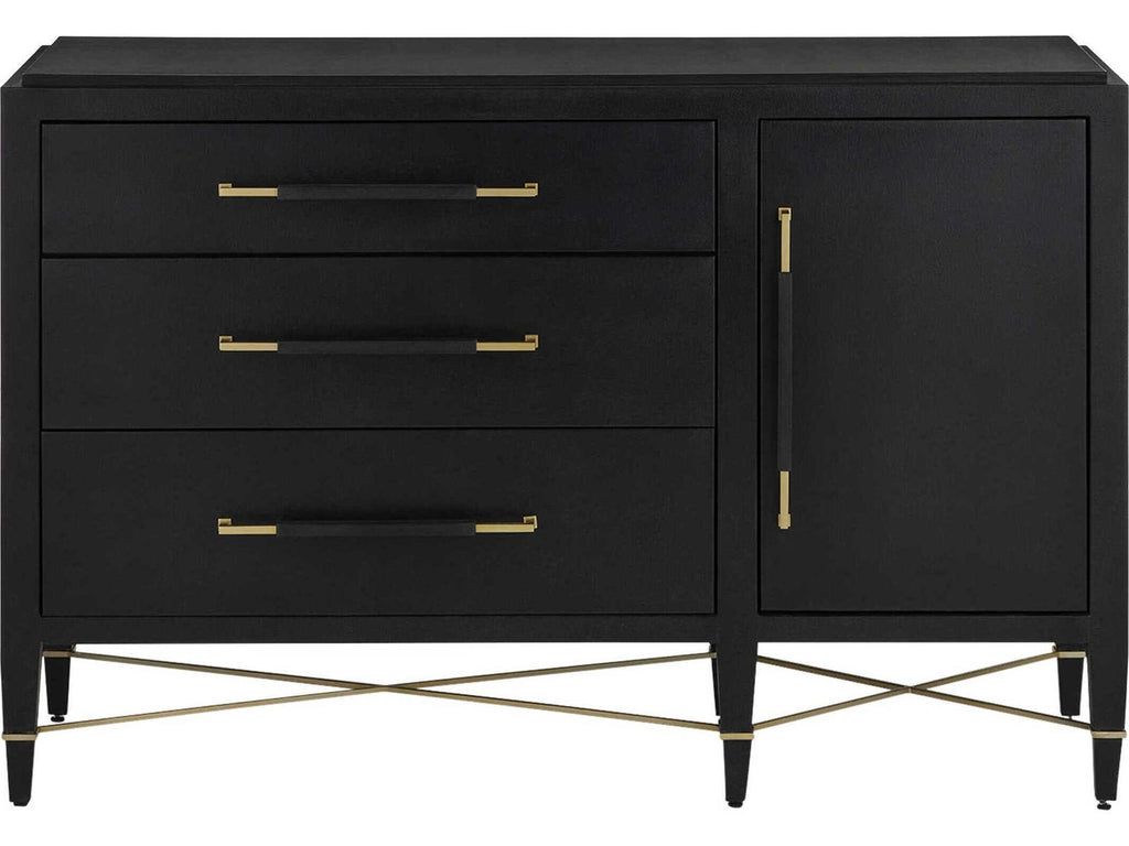 Currey and Company Verona Three-Drawer Chest in Black Lacquered Linen and Champagne