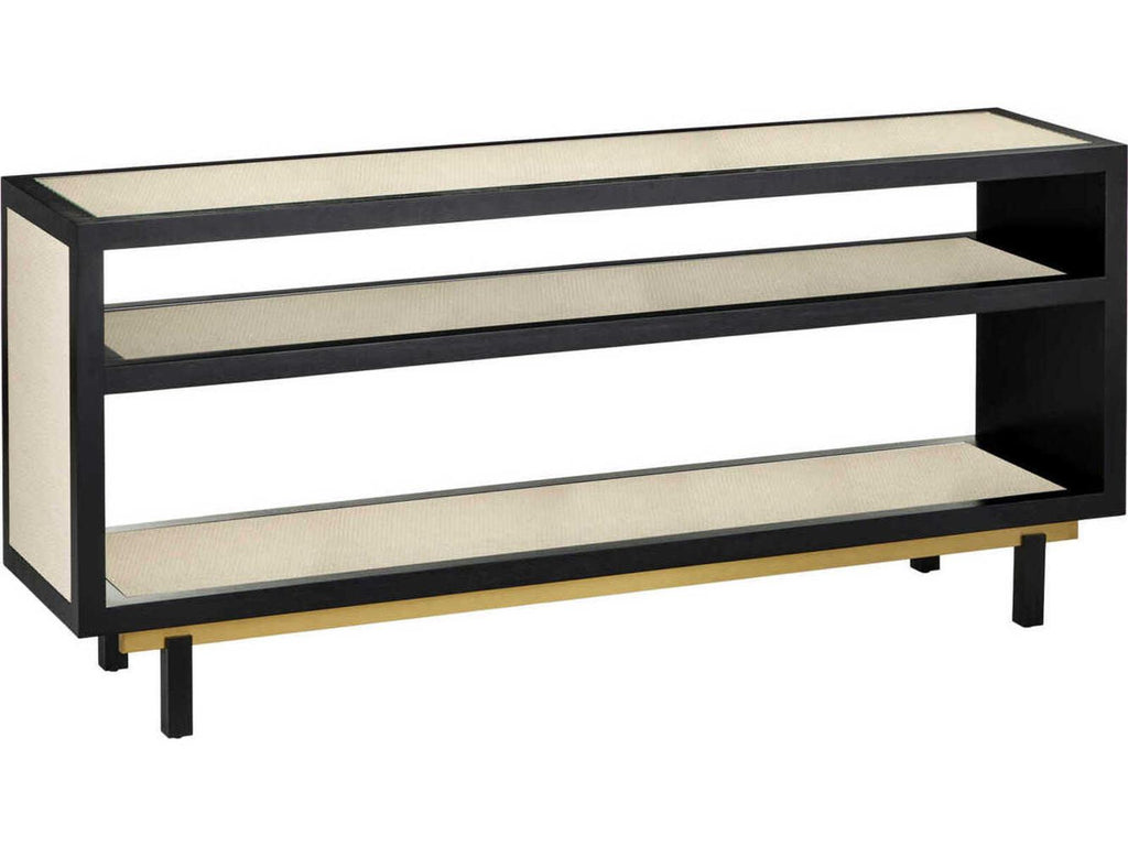 Currey and Company Deanna Rectangular Console Table Raffia Okoume Wood Ivory Black Brushed Brass