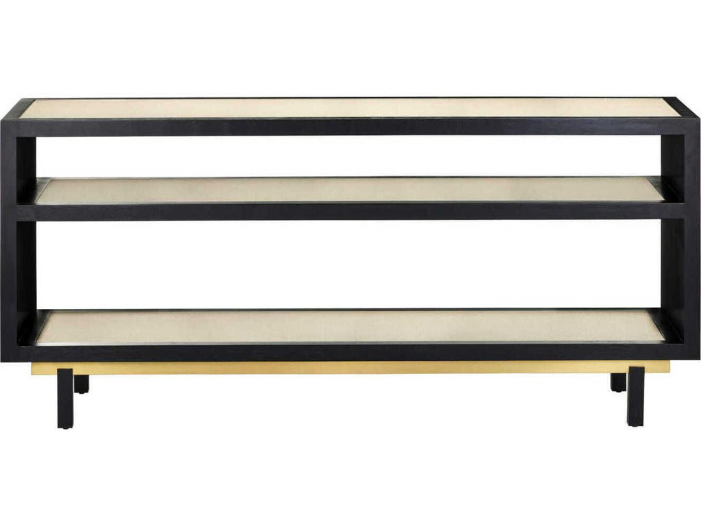 Currey and Company Deanna Rectangular Console Table Raffia Okoume Wood Ivory Black Brushed Brass