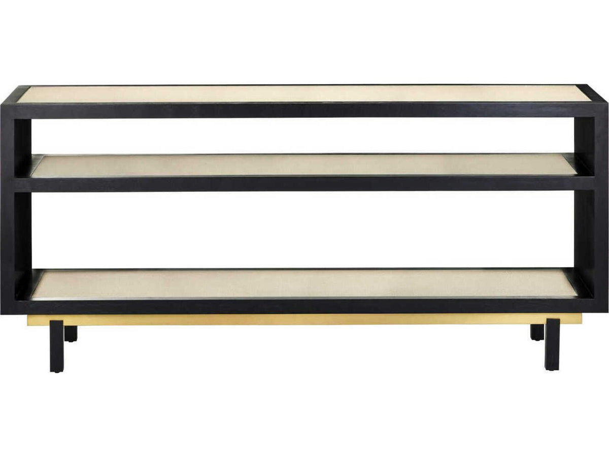 Currey and Company Deanna Rectangular Console Table Raffia Okoume Wood Ivory Black Brushed Brass