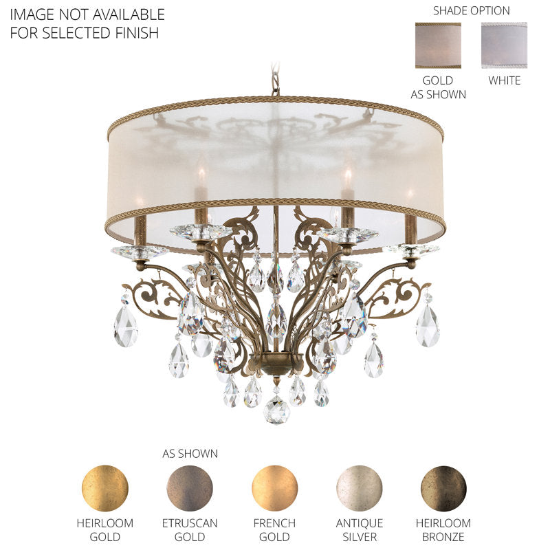Filigrae 6 Light 24in x 22in Chandelier with White Fabric Shade in Antique Silver with Clear Heritage Handcut Crystals