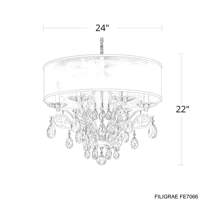 Filigrae 6 Light 24in x 22in Chandelier with White Fabric Shade in Antique Silver with Clear Heritage Handcut Crystals