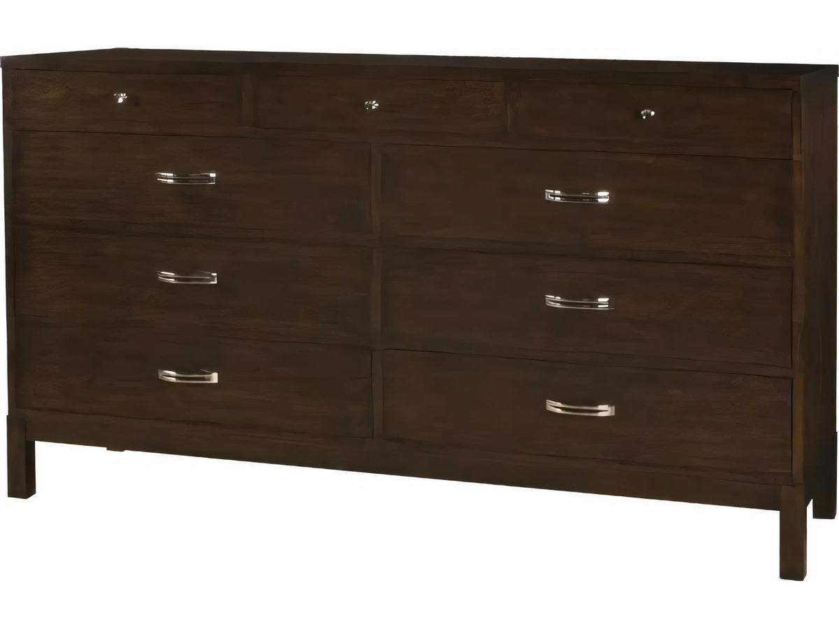 9-Drawer Triple Dresser in Brown Mahogany Wood