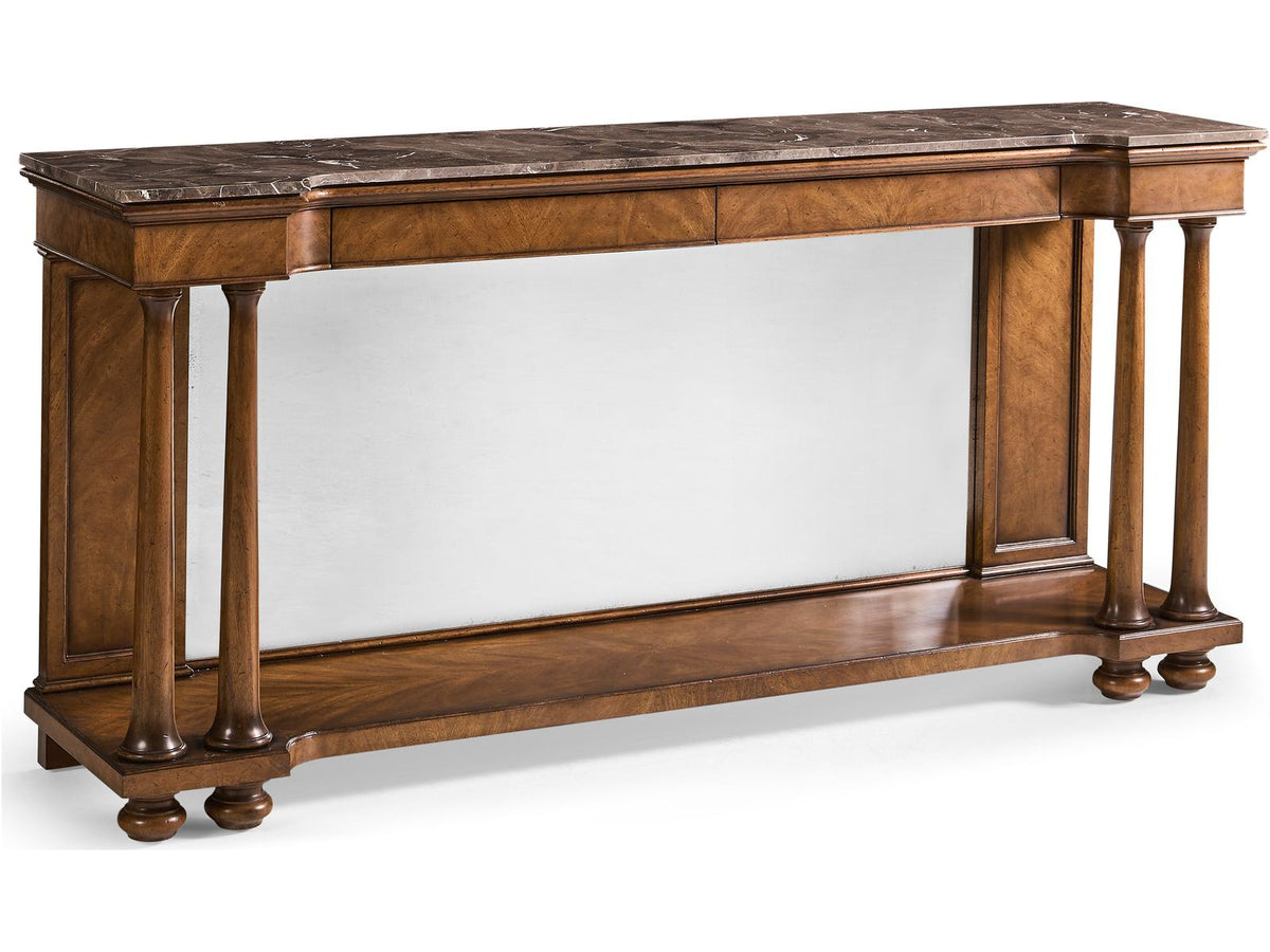 Jc Traditional Rectangular Marble Crotch Walnut Console Table