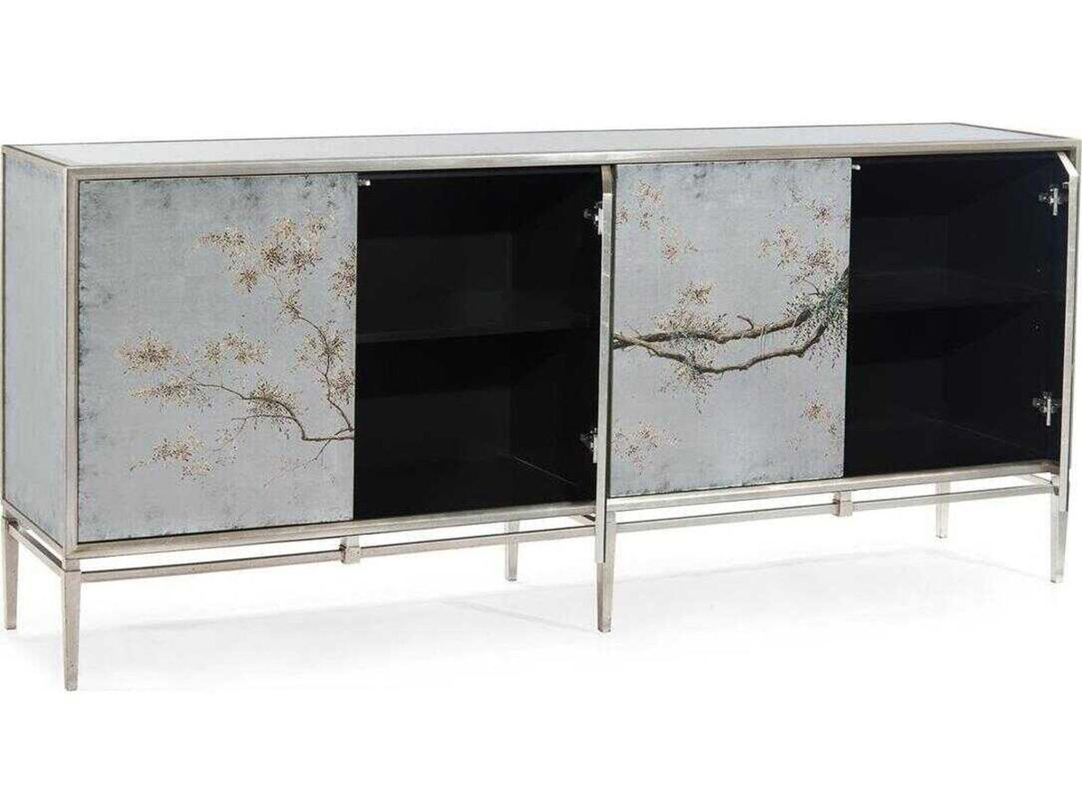 Falling Branch 4-Door ?glomisé Credenza with Hand-Painted Branches