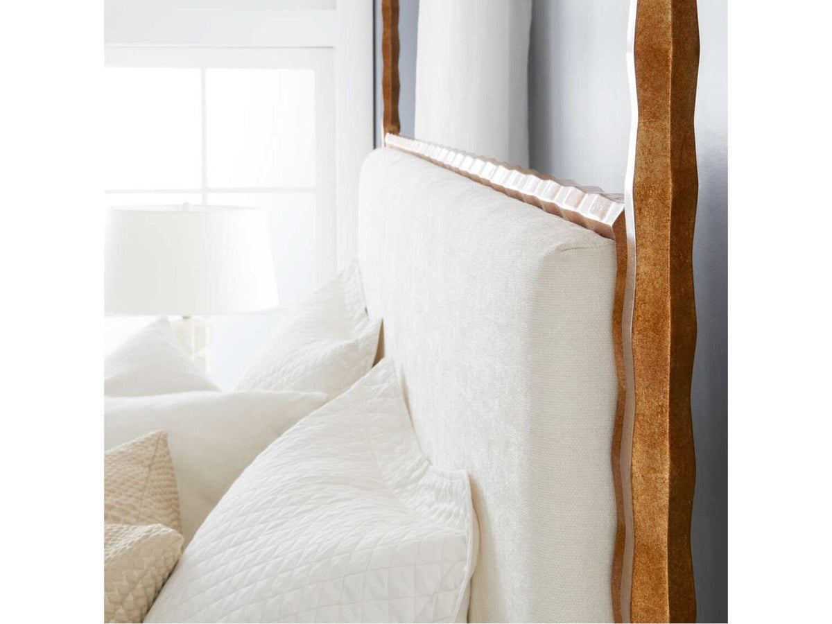 Organic Antiqued Gold Leaf Upholstered King Canopy Bed