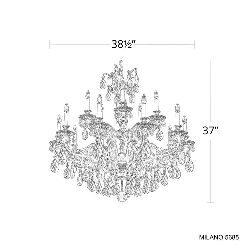 Milano 15 Light 38.5in x 38in Two-Tier Chandelier in French Gold with Clear Heritage Handcut Crystals