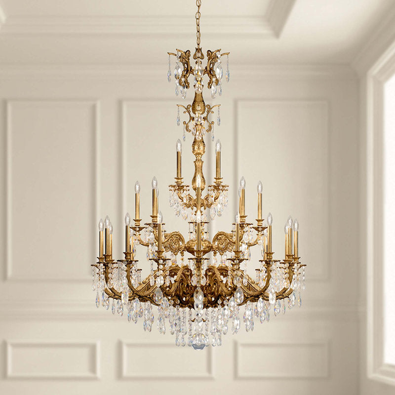Milano 28 Light 50in x 68in Three-Tier Chandelier in Heirloom Bronze with Clear Heritage Handcut Crystals
