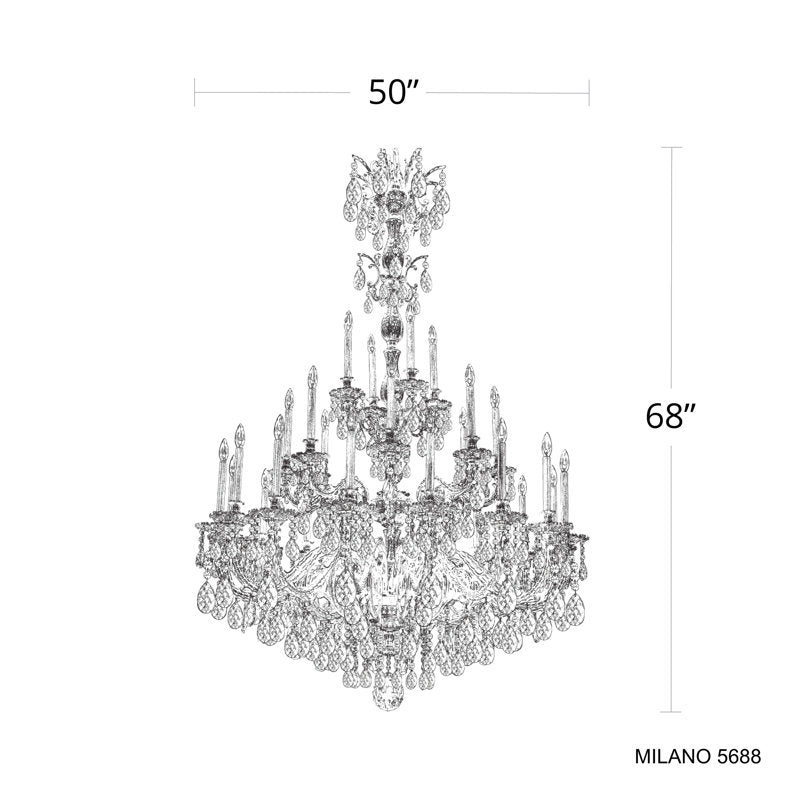 Milano 28 Light 50in x 68in Three-Tier Chandelier in Heirloom Bronze with Clear Heritage Handcut Crystals
