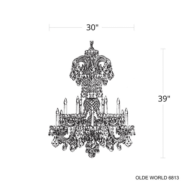 Olde World 12 Light 30in x 39in Chandelier in Polished Gold with Clear Radiance Crystals