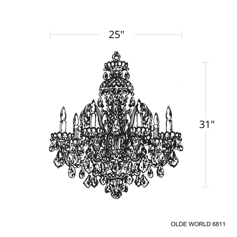 Olde World 7 Light 25in x 31in Chandelier in Polished Gold with Clear Heritage Handcut Crystals