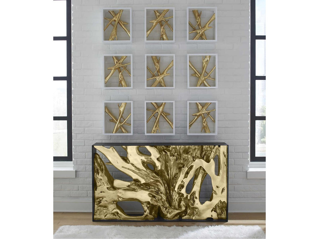 Cast Root Gold Leaf and Black Metal Console Table