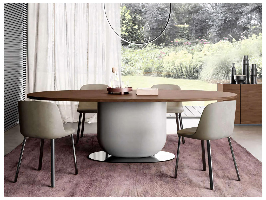 Ettore 94-Inch Oval Wood Walnut Dining Table with Fog Grey Pillar and Glossy Bronze Base