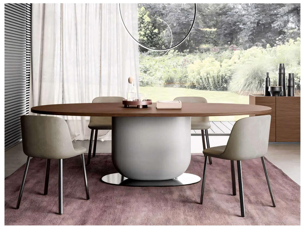 Ettore 94-Inch Oval Wood Walnut Dining Table with Fog Grey Pillar and Glossy Bronze Base