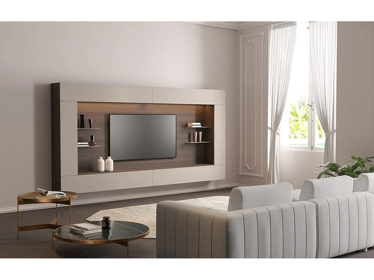 Spazio 142 Inch Wall Unit with Walnut and White Matt Lacquer