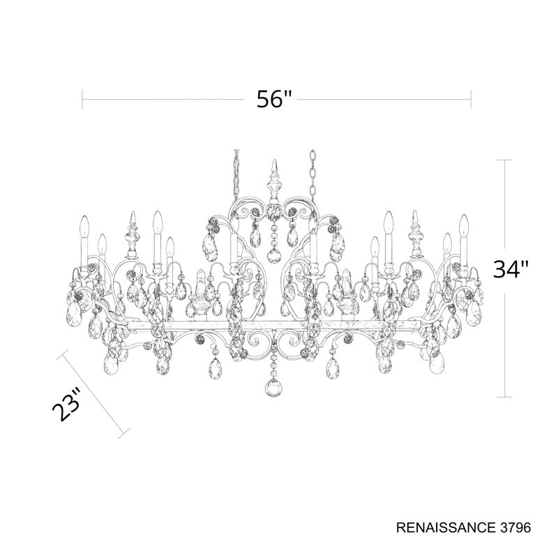 Renaissance 12 Light 56in x 34in Linear Chandelier in Antique Silver with Clear Heritage Handcut Crystals