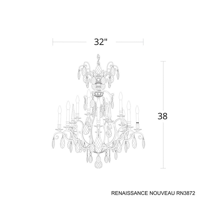 Renaissance Nouveau 12 Light 32in x 38in Chandelier in Heirloom Gold with Clear Heritage Handcut Crystals