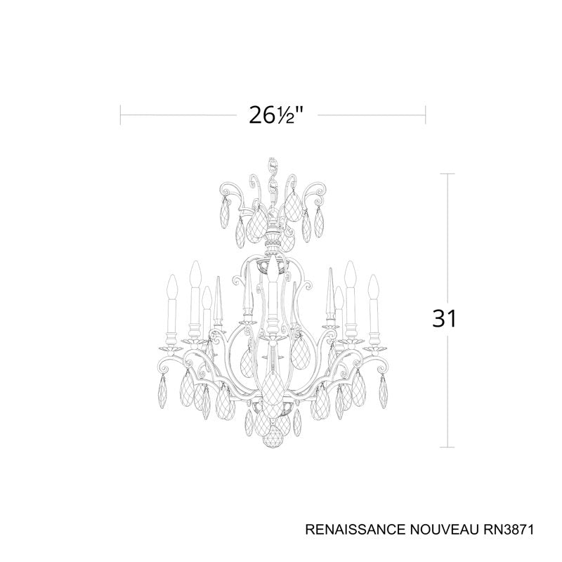 Renaissance Nouveau 8 Light 32in x 31in Chandelier in Heirloom Gold with Clear Heritage Handcut Crystals