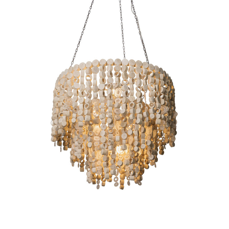 Round Wood Disk Chandelier w/ Recycled Glass Disks