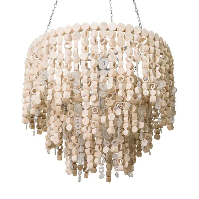 Round Wood Disk Chandelier w/ Recycled Glass Disks