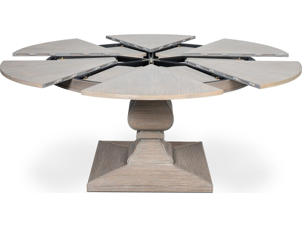 Kelso 66 Inch Round to 84 Inch Jupe Extension Dining Table in Moonskin