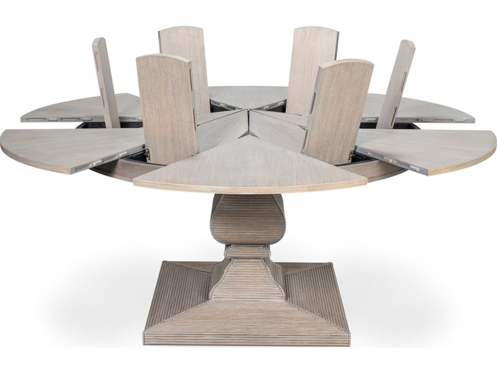 Kelso 66 Inch Round to 84 Inch Jupe Extension Dining Table in Moonskin